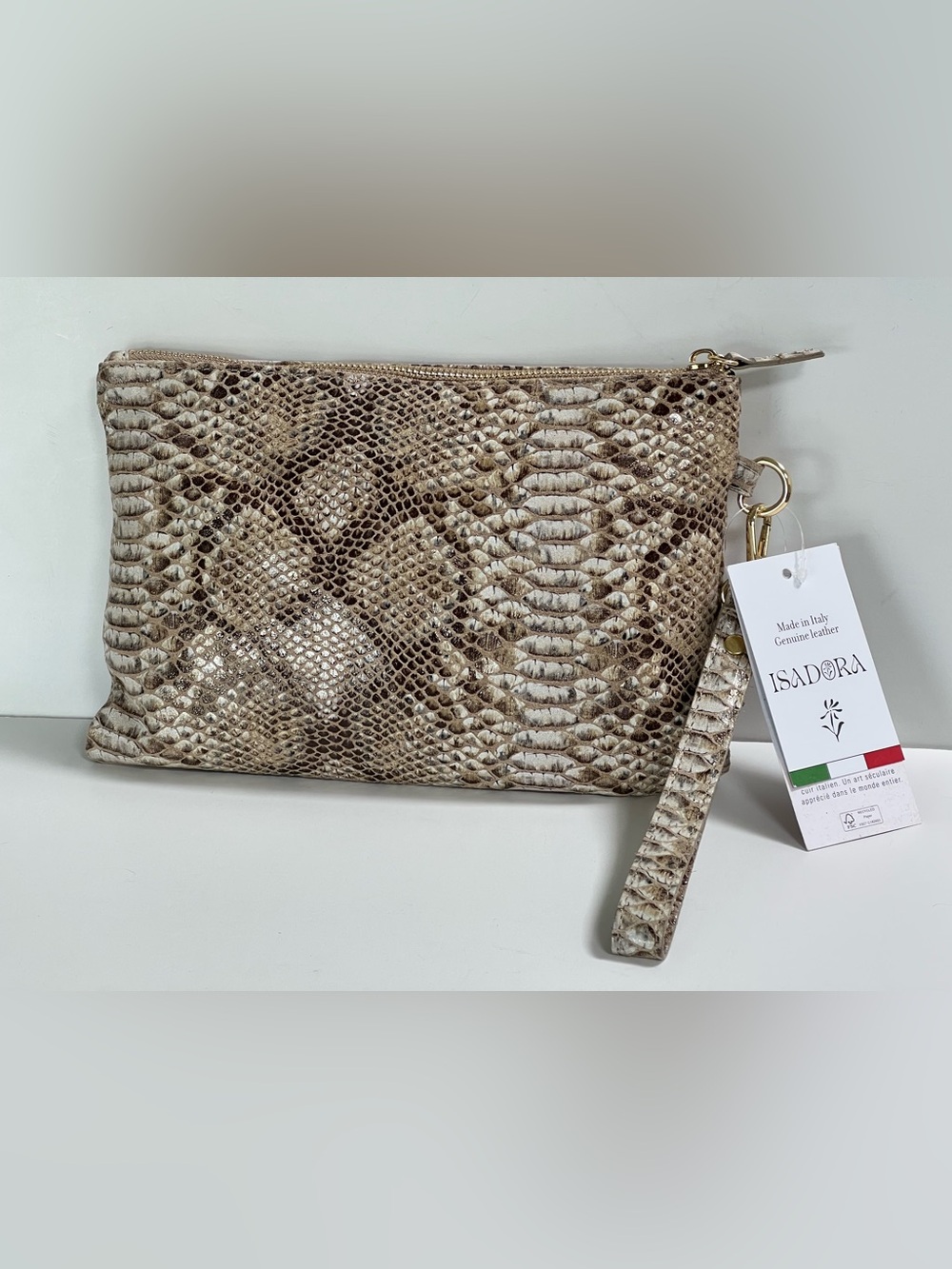 Isadora Italy Snakeskin Embossed Leather Clutch Pouch Bag NWT
